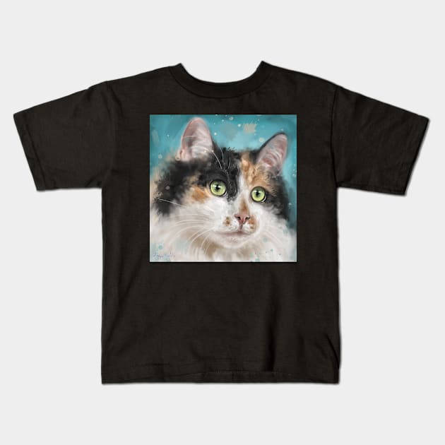 Painting of an Adorable Calico Tri-Color Cat with Gorgeous Green Eyes Kids T-Shirt by ibadishi